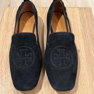 COPY - Tory Burch black suede logo loafers; size 7.5